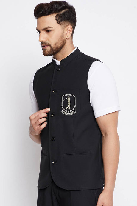 Buy Men's Merino Solid Nehru Jacket in Black - Back