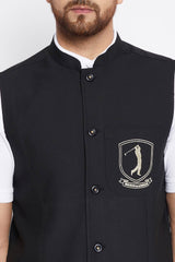 Buy Men's Merino Solid Nehru Jacket in Black - Side