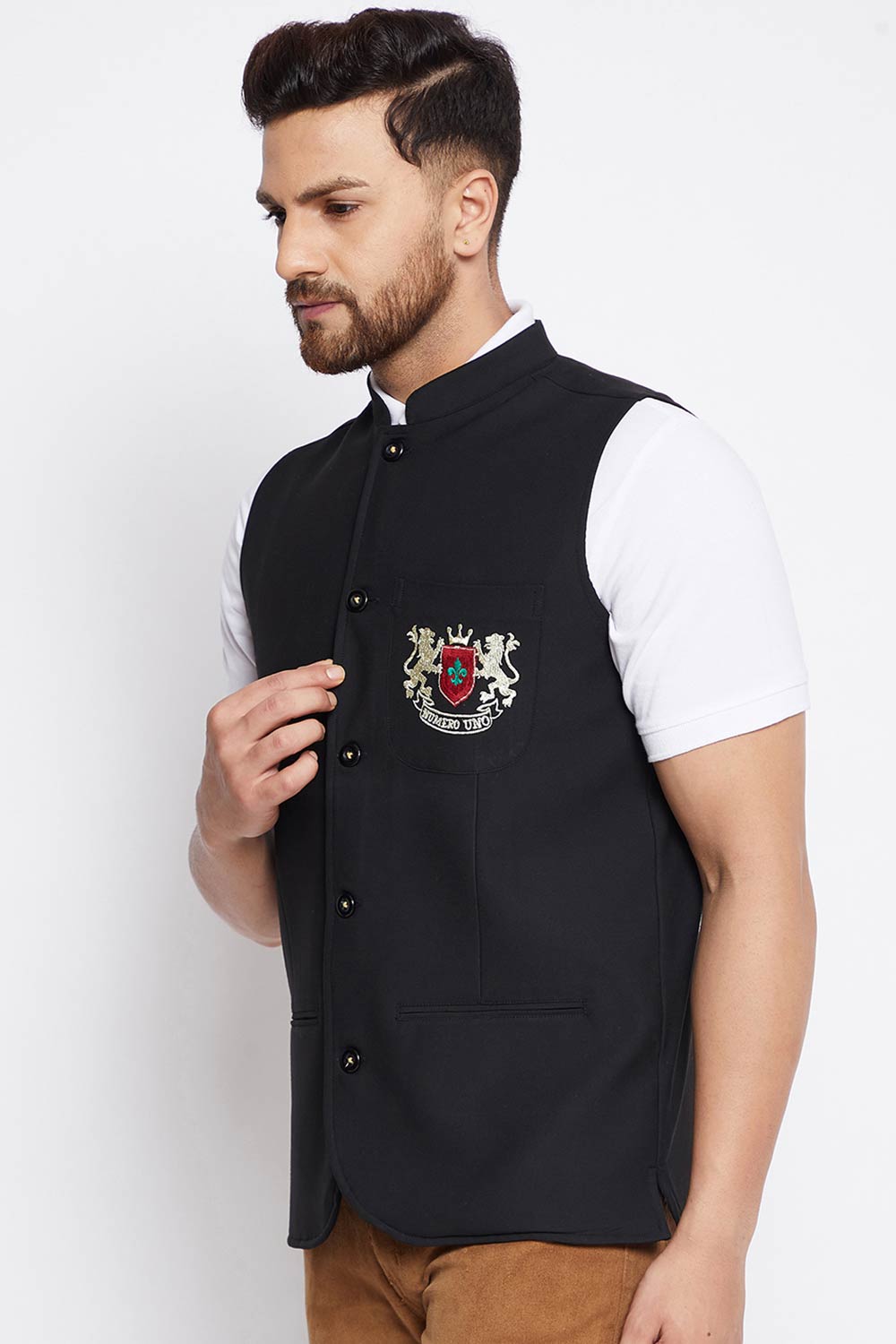 Buy Men's Merino Solid Nehru Jacket in Black - Back