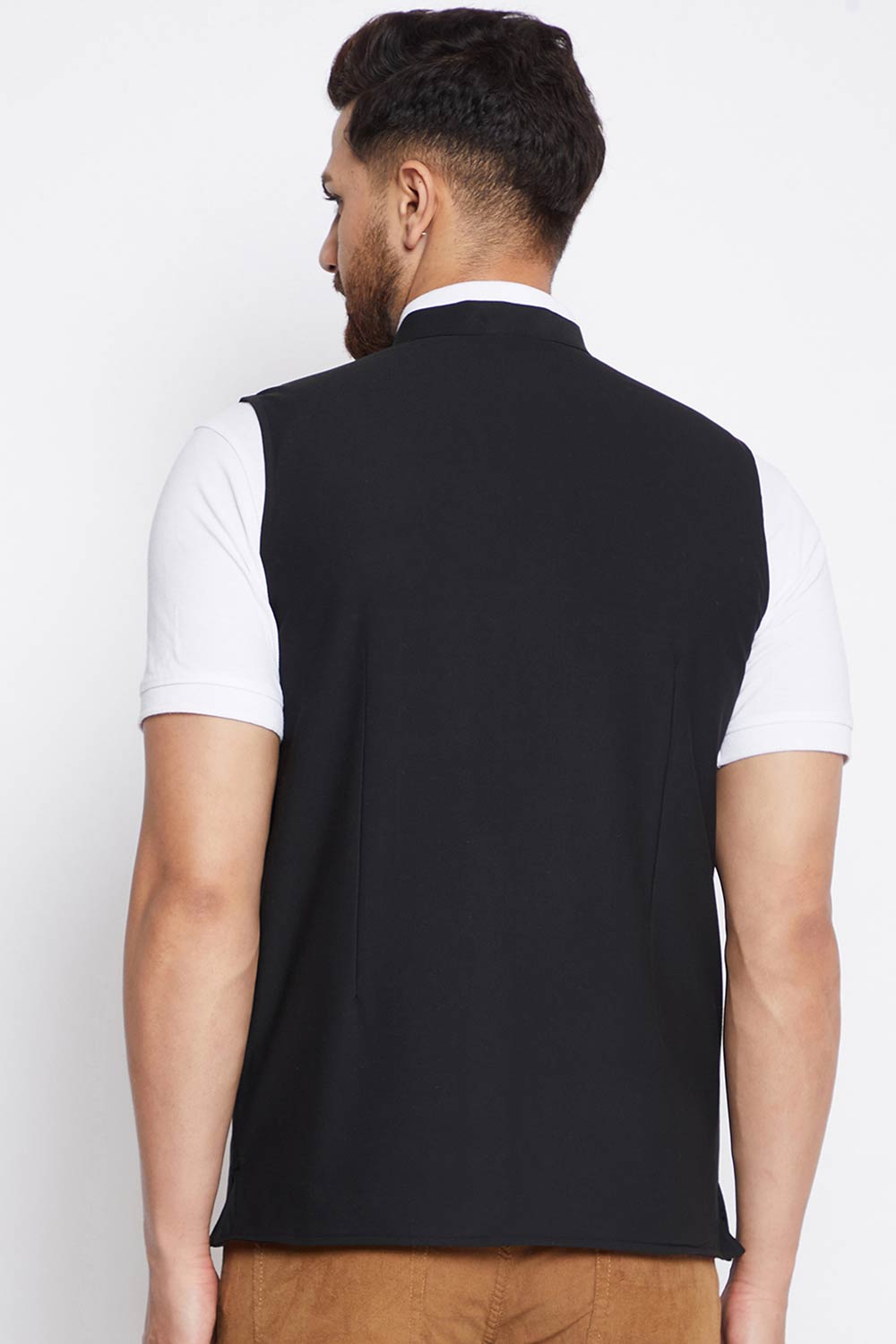 Buy Men's Merino Solid Nehru Jacket in Black - Front