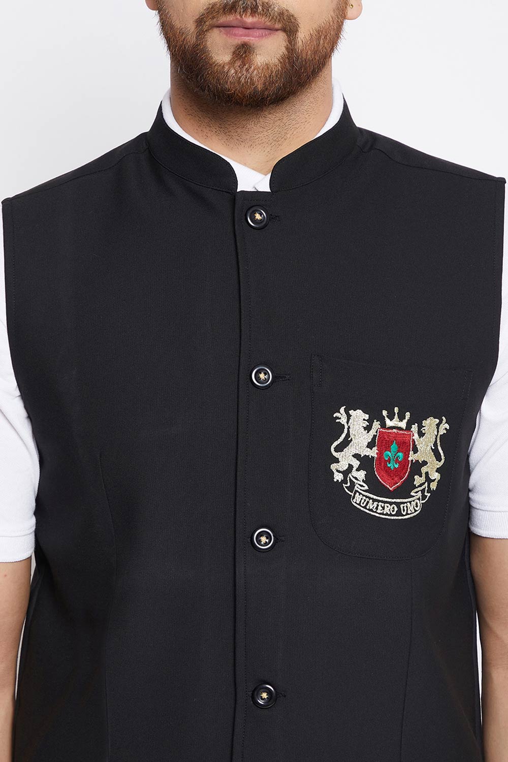 Buy Men's Merino Solid Nehru Jacket in Black - Side