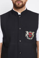 Buy Men's Merino Solid Nehru Jacket in Black - Side