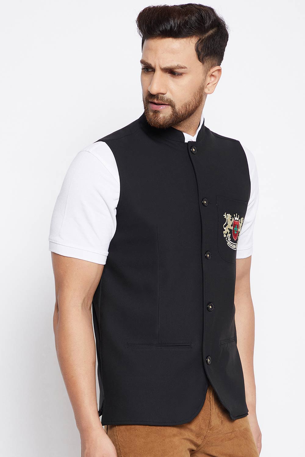 Buy Men's Merino Solid Nehru Jacket in Black - Zoom Out