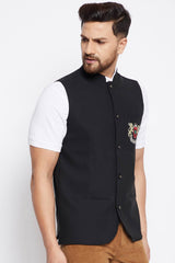 Buy Men's Merino Solid Nehru Jacket in Black - Zoom Out