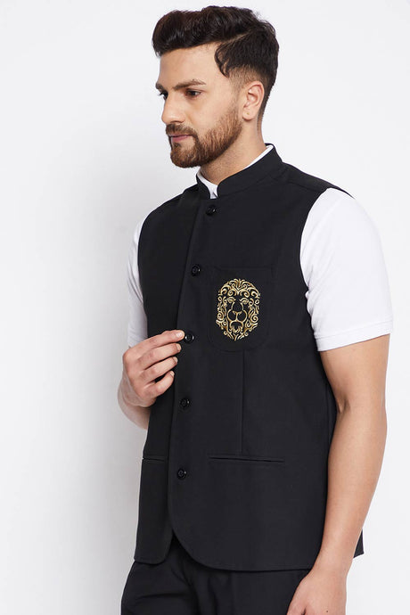 Buy Men's Merino Solid Nehru Jacket in Black - Back