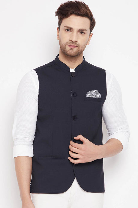 Buy Men's Merino Solid Nehru Jacket in Navy