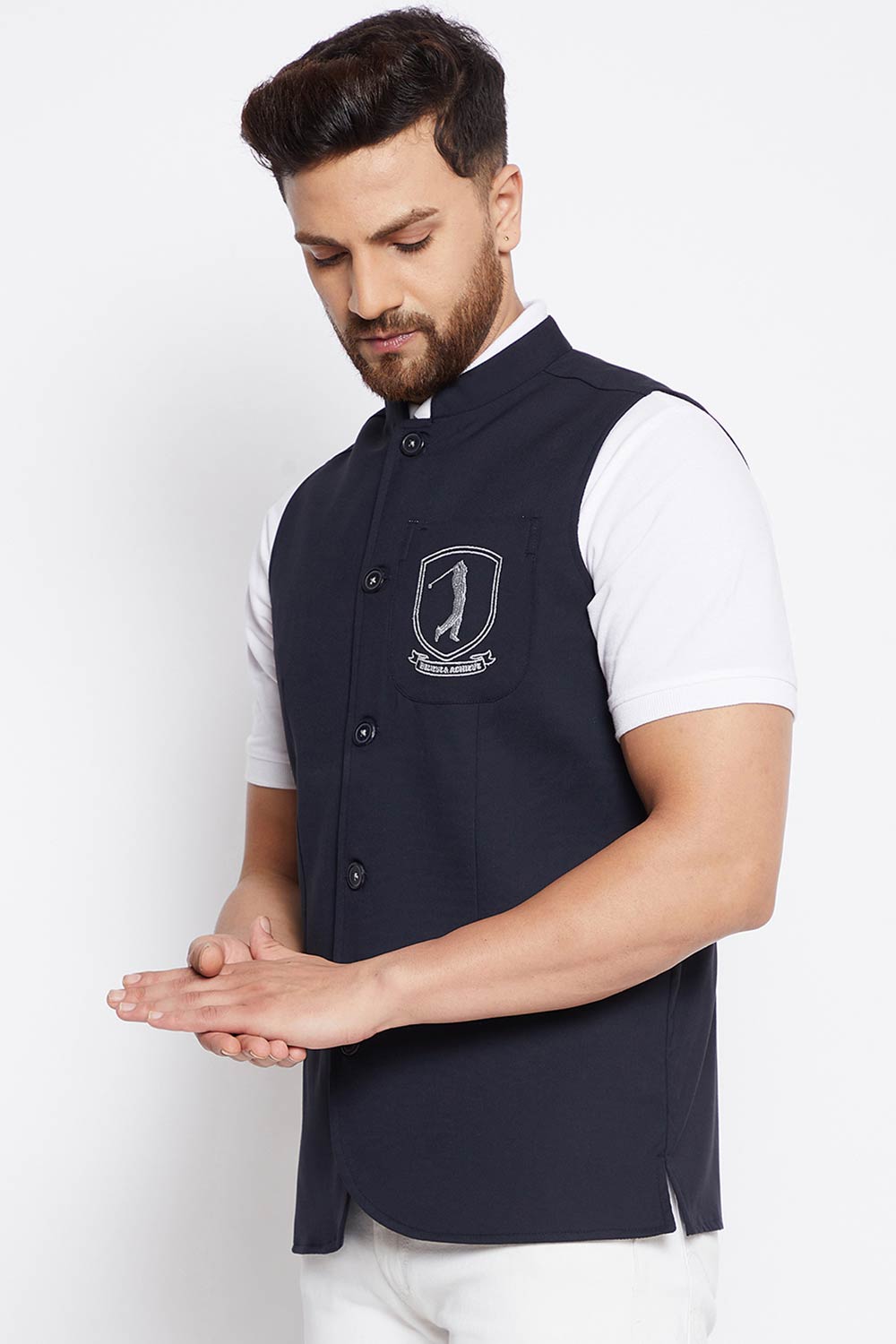 Buy Men's Merino Solid Nehru Jacket in Navy Blue - Back