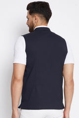 Buy Men's Merino Solid Nehru Jacket in Navy Blue - Front