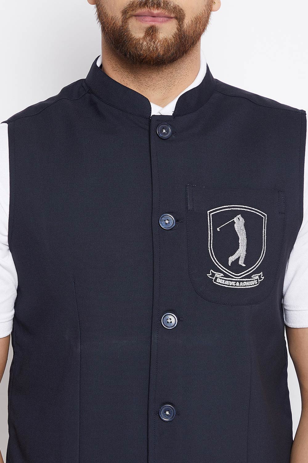 Buy Men's Merino Solid Nehru Jacket in Navy Blue - Side