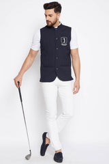 Buy Men's Merino Solid Nehru Jacket in Navy Blue - Zoom in