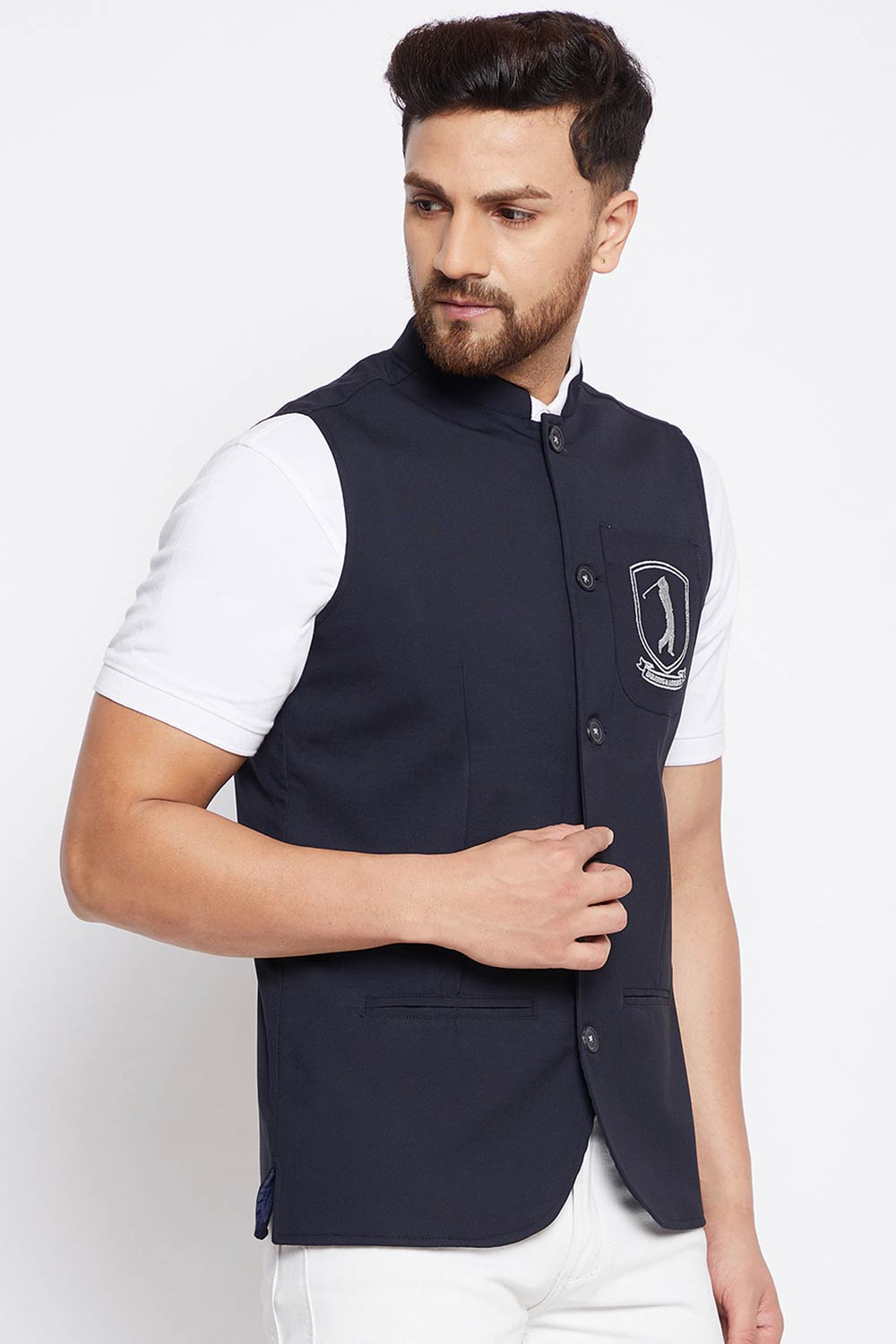 Buy Men's Merino Solid Nehru Jacket in Navy Blue - Zoom Out