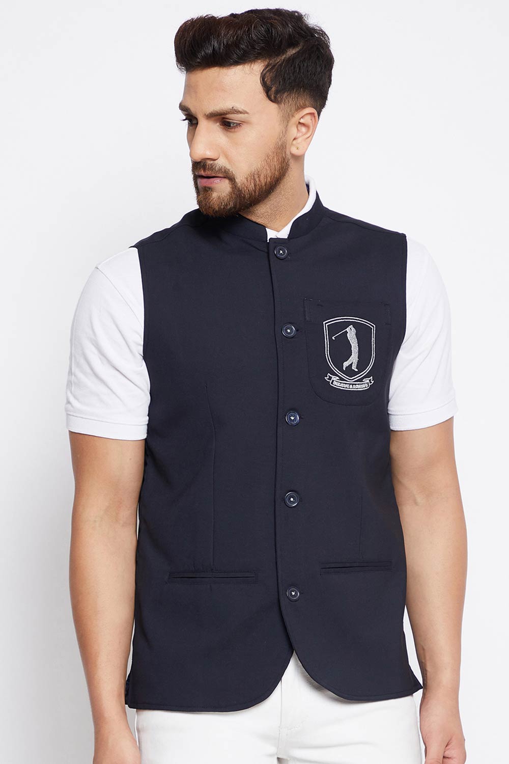 Buy Men's Merino Solid Nehru Jacket in Navy Blue