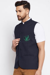 Buy Men's Merino Solid Nehru Jacket in Navy Blue - Back