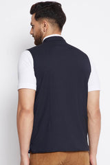 Buy Men's Merino Solid Nehru Jacket in Navy Blue - Front