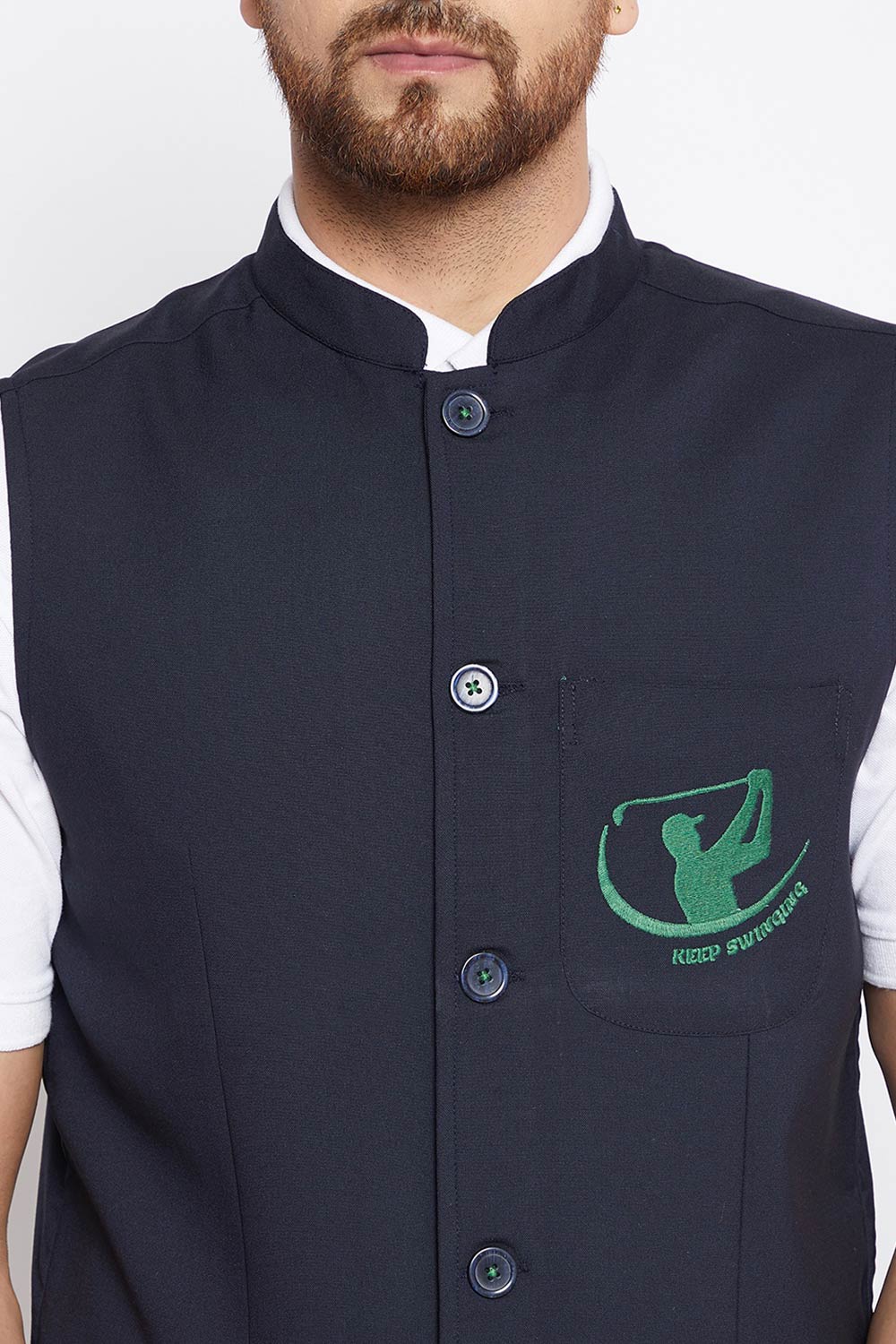 Buy Men's Merino Solid Nehru Jacket in Navy Blue - Side