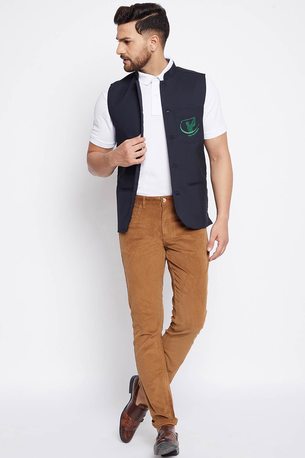 Buy Men's Merino Solid Nehru Jacket in Navy Blue - Zoom in