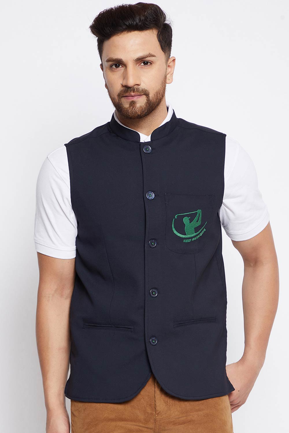 Buy Men's Merino Solid Nehru Jacket in Navy Blue