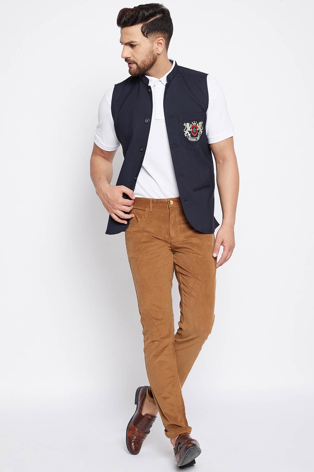 Buy Men's Merino Solid Nehru Jacket in Navy Blue