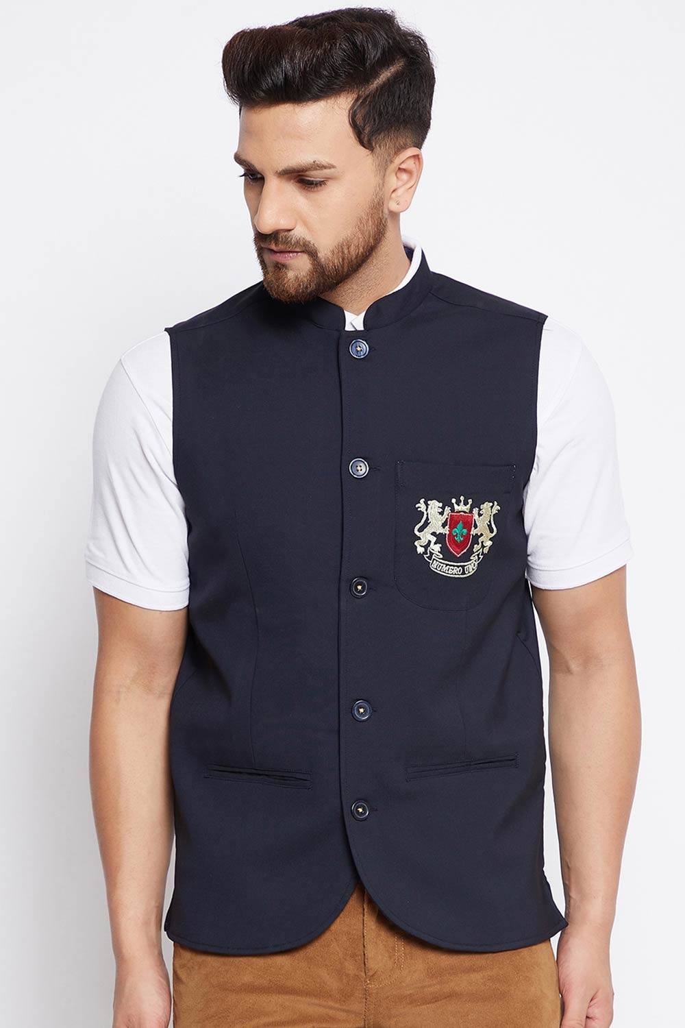 Buy Men's Merino Solid Nehru Jacket in Navy Blue - Front