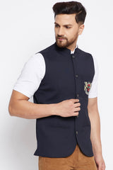 Buy Men's Merino Solid Nehru Jacket in Navy Blue - Side