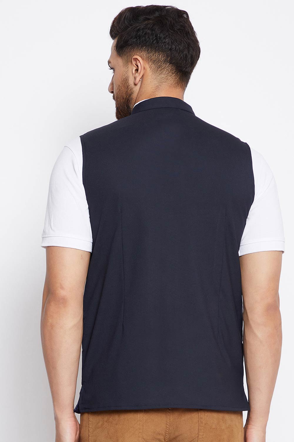 Buy Men's Merino Solid Nehru Jacket in Navy Blue - Zoom in