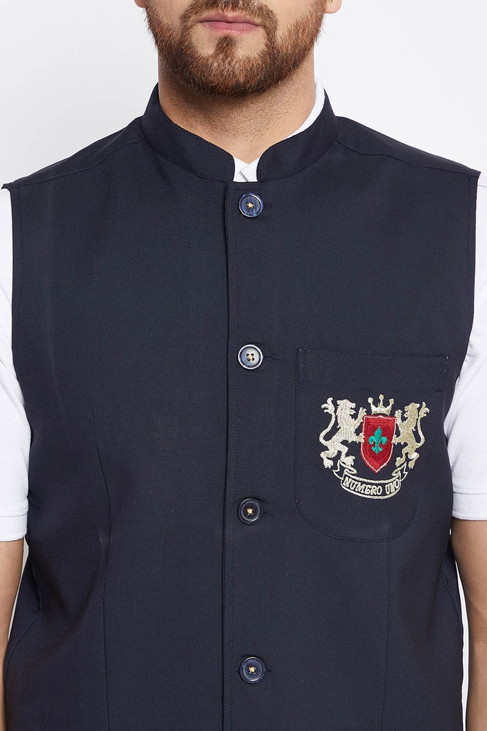 Buy Men's Merino Solid Nehru Jacket in Navy Blue - Zoom Out