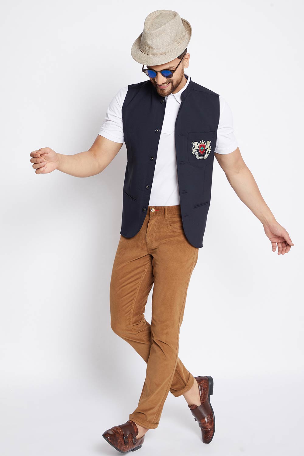 Buy Men's Merino Solid Nehru Jacket in Navy Blue - Back