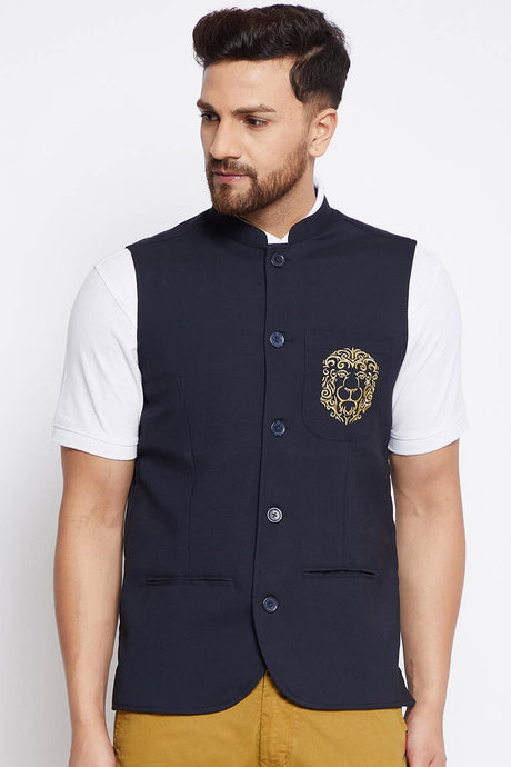 Buy Men's Merino Solid Nehru Jacket in Navy Blue - Front