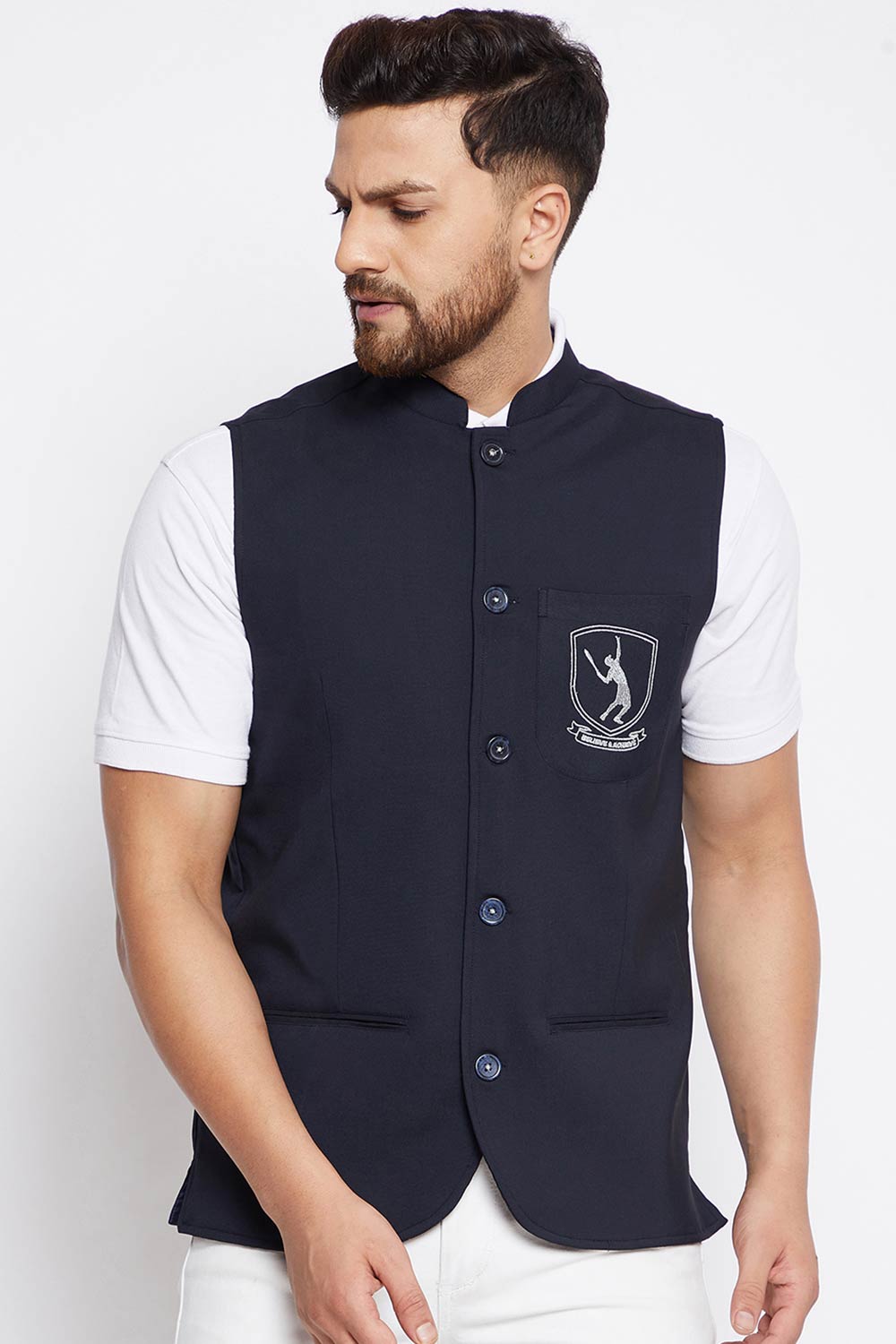 Buy Men's Merino Solid Nehru Jacket in Navy Blue