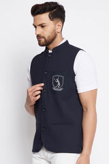 Buy Men's Merino Solid Nehru Jacket in Navy Blue - Front