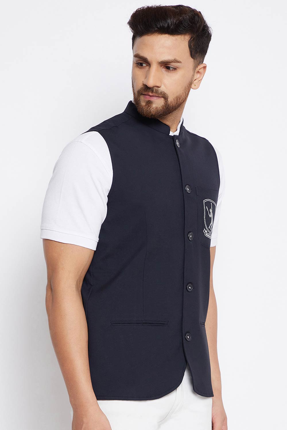 Buy Men's Merino Solid Nehru Jacket in Navy Blue - Side