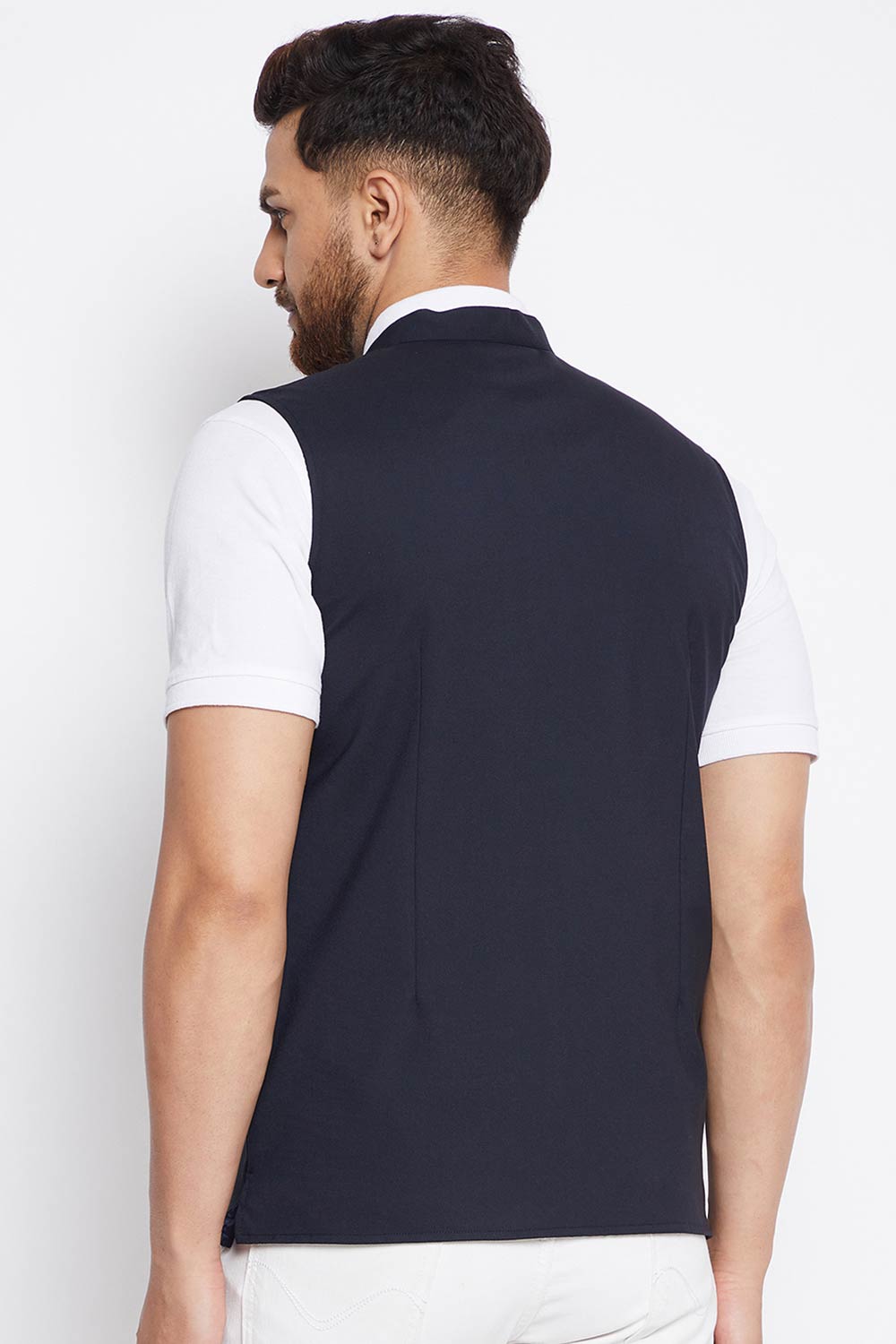 Buy Men's Merino Solid Nehru Jacket in Navy Blue - Zoom in