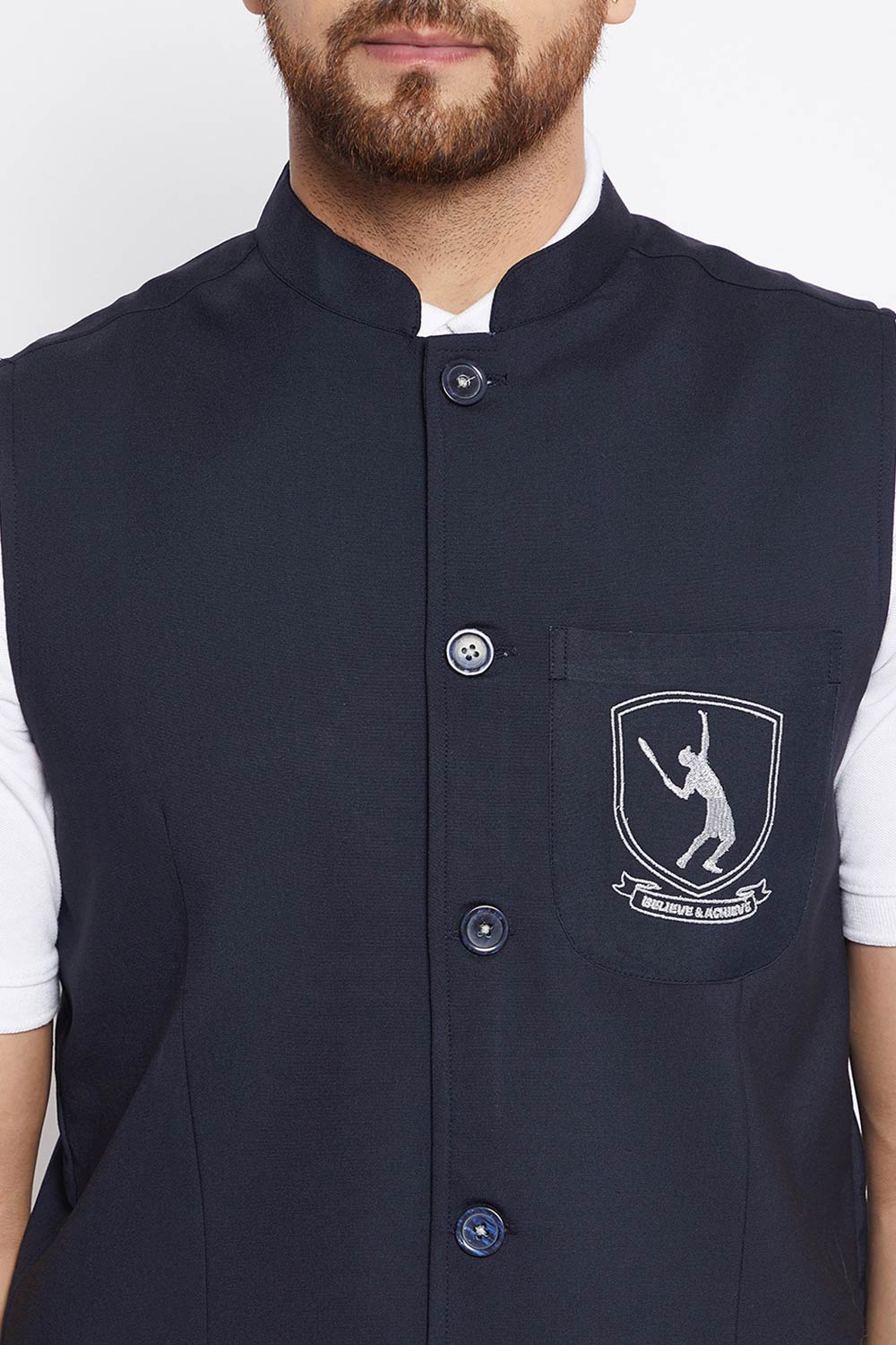 Buy Men's Merino Solid Nehru Jacket in Navy Blue - Zoom Out