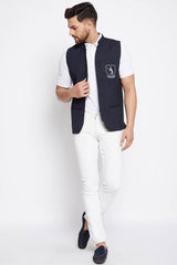 Buy Men's Merino Solid Nehru Jacket in Navy Blue - Back