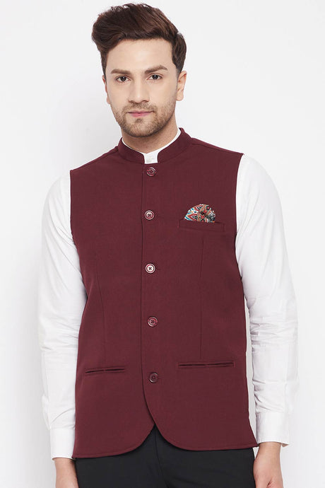 Buy Men's Merino Solid Nehru Jacket in Maroon
