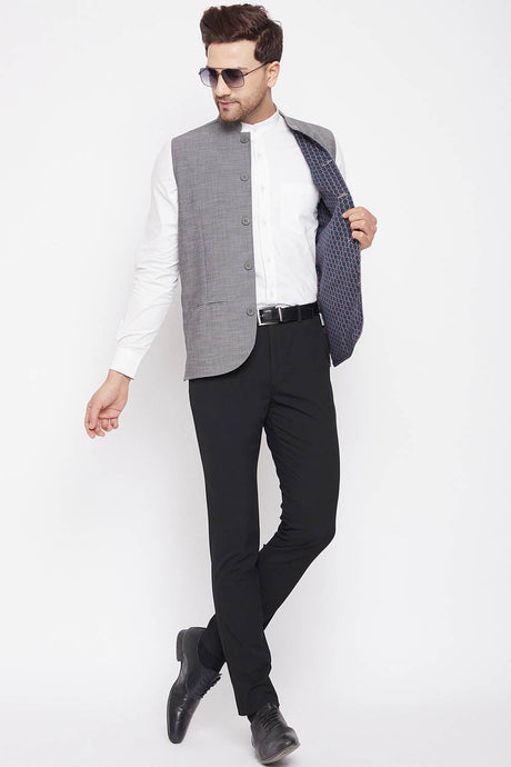 Buy Men's Merino Solid Nehru Jacket in Grey