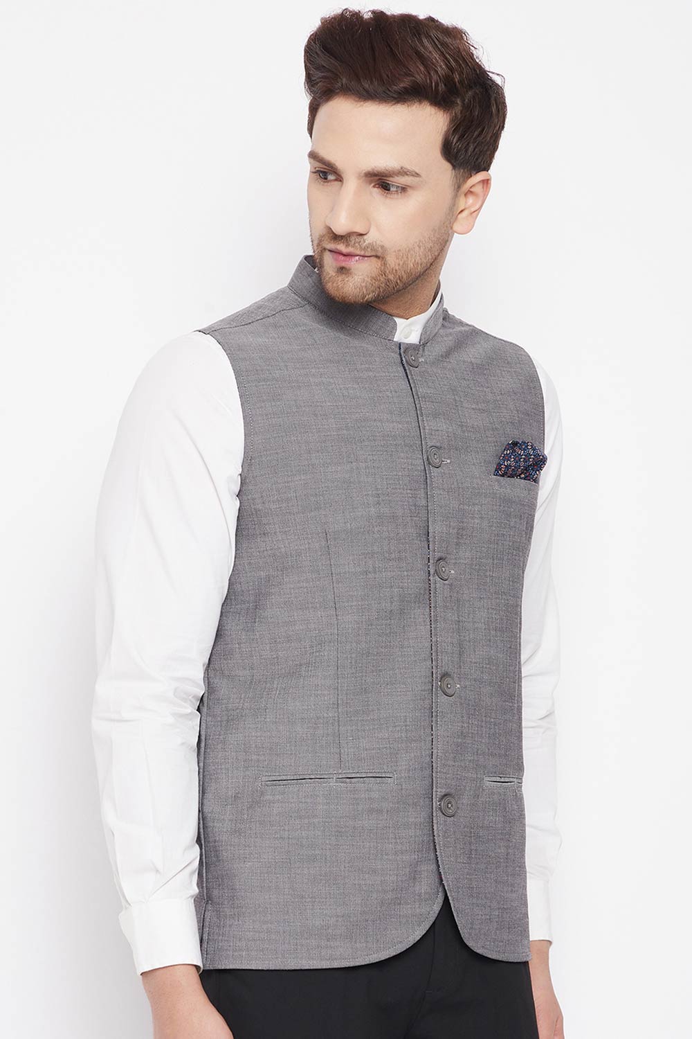 Buy Men's Merino Solid Nehru Jacket in Grey