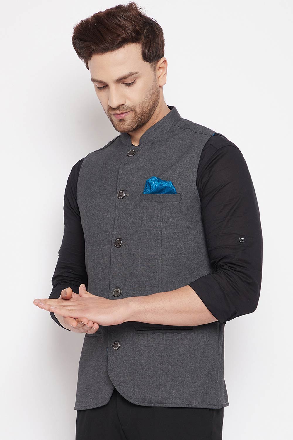 Buy Men's Merino Solid Nehru Jacket in Grey