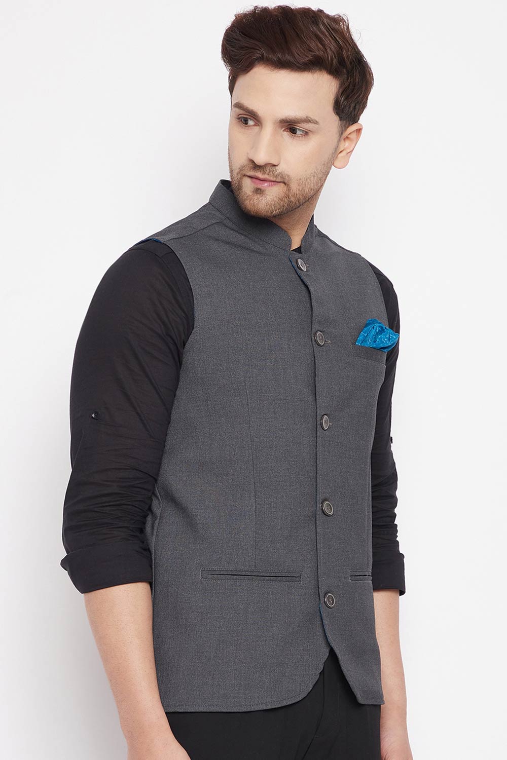 Buy Men's Merino Solid Nehru Jacket in Grey