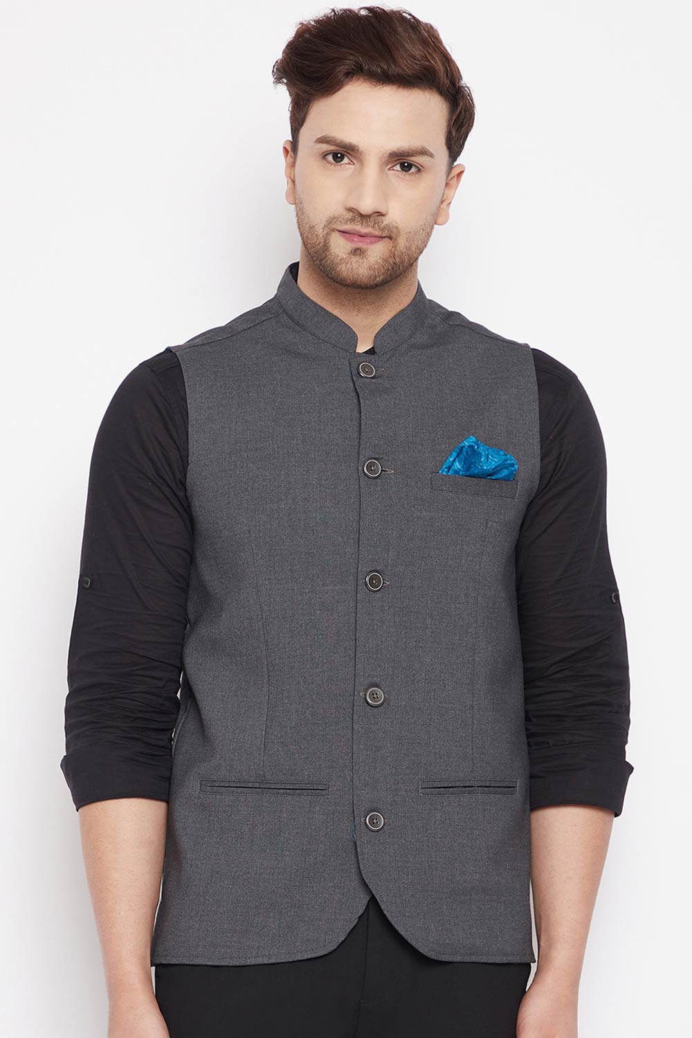 Buy Men's Merino Solid Nehru Jacket in Grey