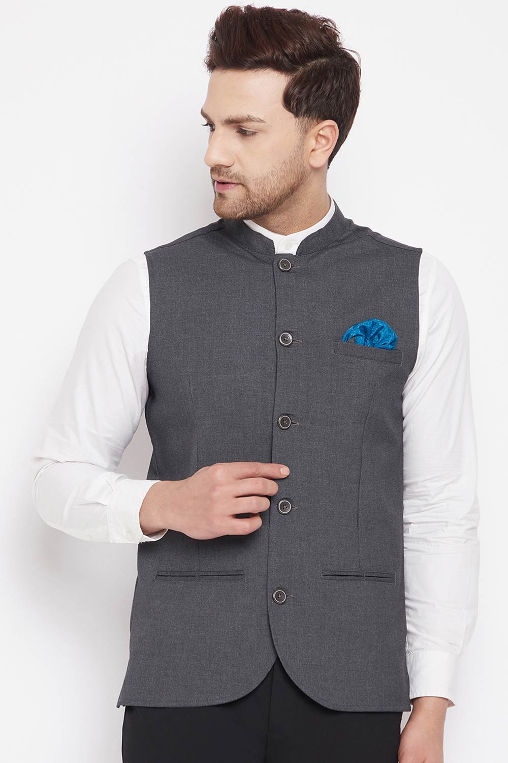 Buy Men's Merino Solid Nehru Jacket in Grey
