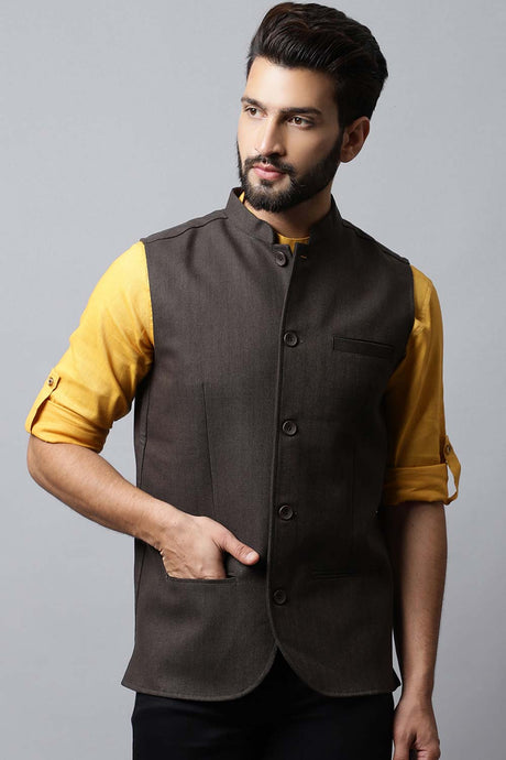 Buy Men's Brown Merino Solid Waistcoat Online - KARMAPLACE