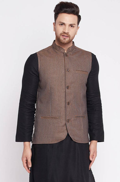 Buy  Merino Woven Nehru jacket in Brown