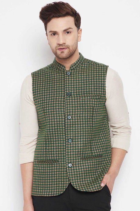 Buy Men's Wool Solid Nehru Jacket in Green
