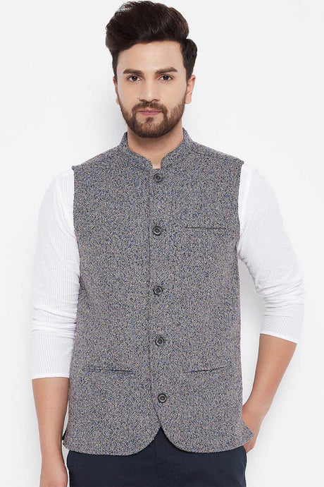 Buy Men's Wool Abstract Nehru Jacket in Grey