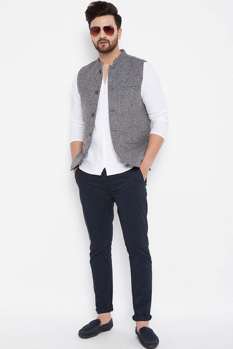 Buy Men's Wool Abstract Nehru Jacket in Grey - Back