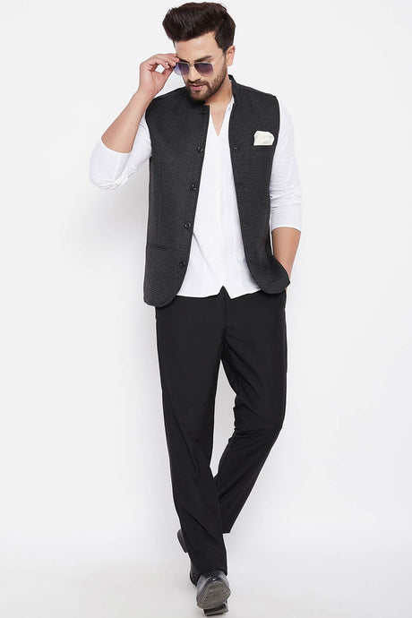 Buy Men's Wool Solid Nehru Jacket in Black - Back