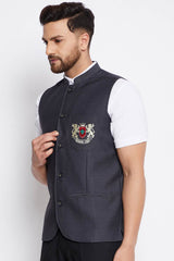 Buy Men's Merino Solid Nehru Jacket in Grey - Front