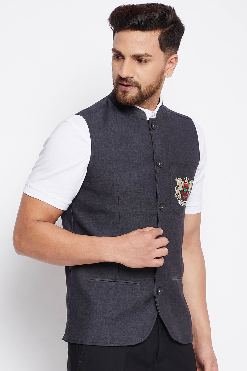 Buy Men's Merino Solid Nehru Jacket in Grey - Side