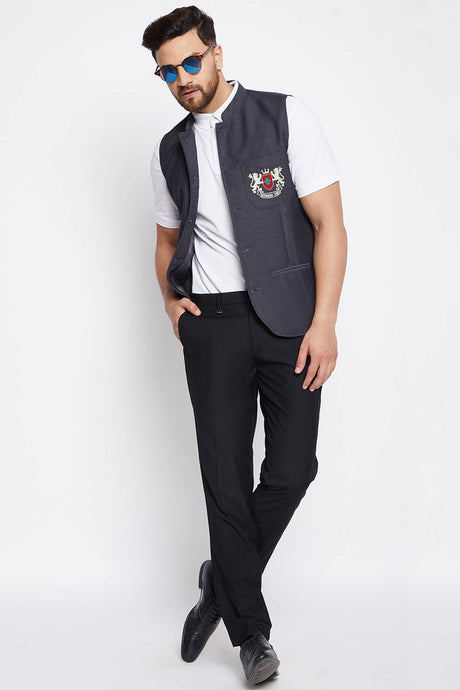 Buy Men's Merino Solid Nehru Jacket in Grey - Back